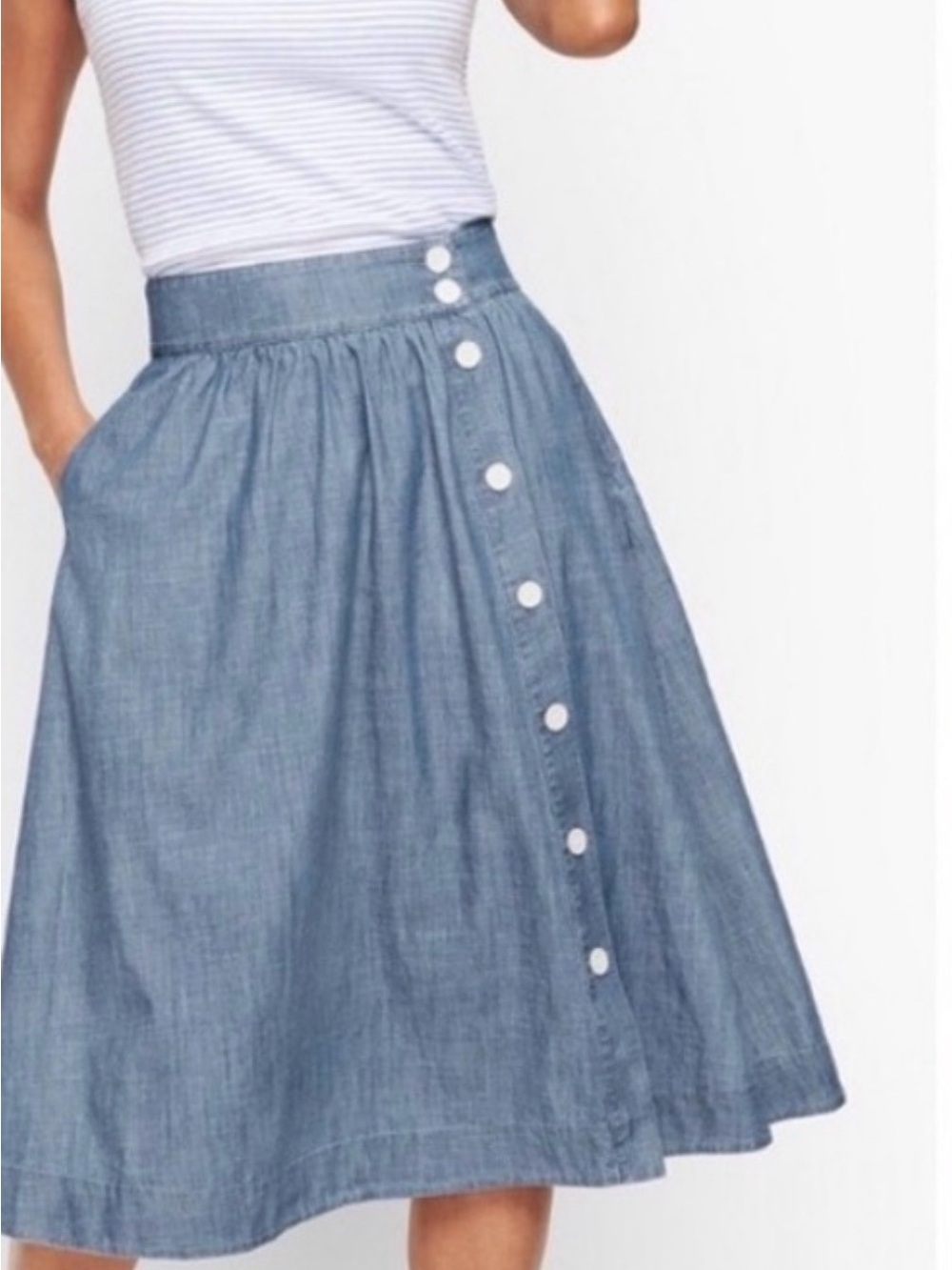Talbots Chambray Button-Front Circle Skirt in Light Blue